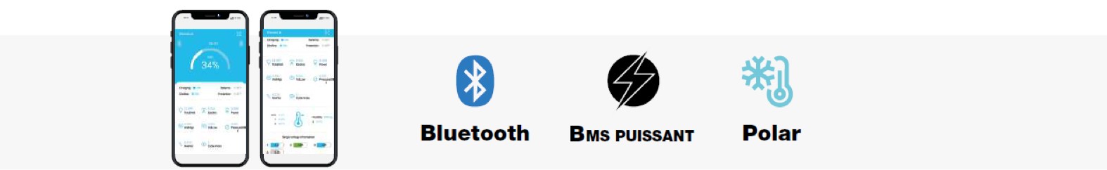 Illustration fonction Bluetooth avec Logo, indication BMS, fonction poalr 